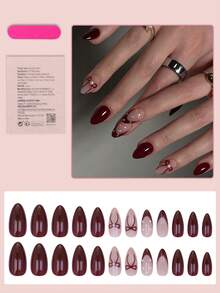 24片杏仁形红色法式尖头美甲贴纸，蝴蝶结珍珠设计，高品质亮面全覆盖假指甲，适合女性和女孩日常佩戴 - 紅色 - 查看 2