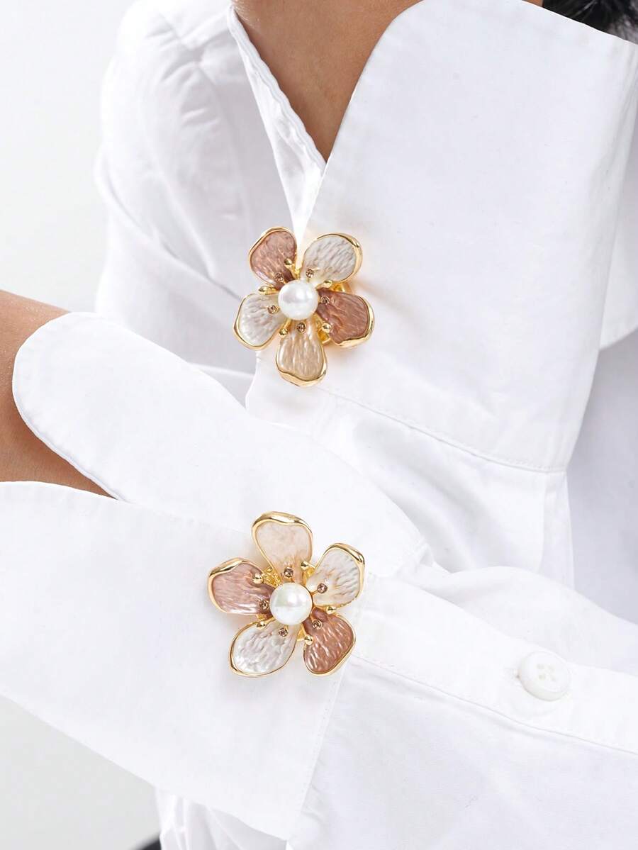 Cring Coco 2 Buah Penutup Kancing Mewah Ringan Wanita, Motif Bunga Khaki dengan Inlay Mutiara Imitasi, Kancing Manset Kemeja Paduan Seng yang Dapat Dilepas, Kancing Dekoratif dengan Jahitan Penuh di Bagian Belakang, Manset Multifungsi, Perhiasan Mewah untuk Pemakaian Sehari-hari Saat Bepergian