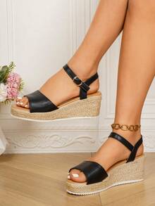 Women's Summer Casual Straw Woven Platform Wedge Slide Sandals, Outdoor Holiday Beach Slippers, Fashion Versatile Black Classic Wedge Sandals - Black - View 6