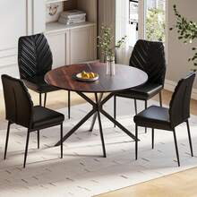 Dining Table And Chairs Set 4, High Back Black PU Chairs With Foldable 100 Cm Round Wooden Table For Dining Room, Kitchen - Wooden Effect Table+4 Black Chairs - View 12