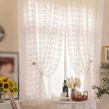 1 pièce/2 pièces Rideau transparent brodé de marguerites beige style campagne européenne, conception à passants, léger et durable, filtrage naturel, matériau en polyester, lavable, décoration d'intimité, style cottage floral pour fenêtre de maison, convient pour toutes les saisons, chambre de fille, chambre à coucher, salon, salle à manger, bureau, mariage, rendez-vous - Beige - Voir 1