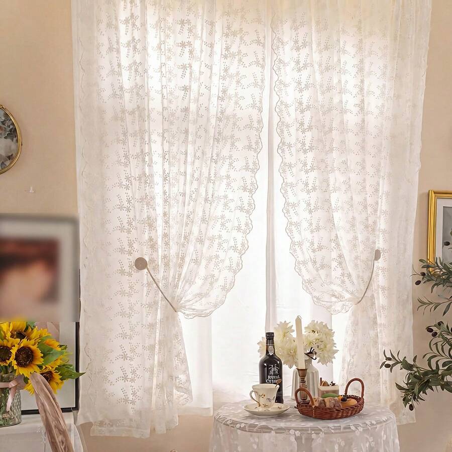 1 pièce/2 pièces Rideau transparent brodé de marguerites beige style campagne européenne, conception à passants, léger et durable, filtrage naturel, matériau en polyester, lavable, décoration d'intimité, style cottage floral pour fenêtre de maison, convient pour toutes les saisons, chambre de fille, chambre à coucher, salon, salle à manger, bureau, mariage, rendez-vous - Beige - Voir 1