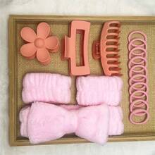 16件套护肤及美发饰品套装，包含1个发带、2个腕带、3个发夹和10个发圈，适合作为送给女性和女孩的礼物，粉色 - A - 查看 13