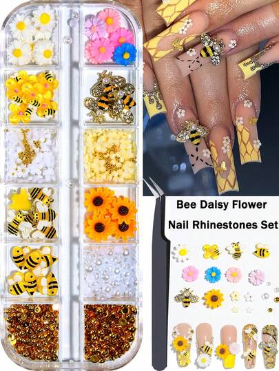 Tiny Bee Nail Art Charms Set- With Black Tweezers, Resin Cartoon Daisy Flower Nail Gems 3D Gold Alloy Bees Jewelry Charms For Nails, Spring Summer Daisy Sunflower Nail Rhinestones For Women DIY Nail Decoration