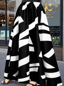 Elegant Black And White Geometric Flared Long Skirt For Women Chic Woven Fabric Casual Party Skirt - Black and White - View 3