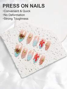 30pcs Summer Ocean Holiday Gel Nail Sticker,Almond Shaped,Sea Star Shell Sea Turtle Wave,Including 1 Jelly Gel And 1 Nail File,Suitable For Women/Girls' Daily Life, Beauty, Graduation Season,Travel,Press On Nail Patches, False Nails, Nail Supplies - Multicolor - View 4