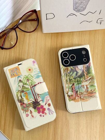 1pc Fashionable Summer Hawaii Watercolor Tropical Coconut Tree Island Ocean Seahorse Shell Retro Illustration Pattern Full Coverage Classic Anti-Drop High-Quality PU Leather Flip Phone Case, Foldable, Card Slot, Full-Body Protective Phone Cover, Suitable As Birthday/Holiday Gift For Friends, Family, Couples, Yourself, Compatible With IPhone17/IPhone17 Air/IPhone17pro/IPhone17pro Max/IPhone16/IPhone16 Plus/IPhone16pro/IPhone16pro Max/IPhone15/IPhone15 Plus/IPhone15pro/13/14/12/11
