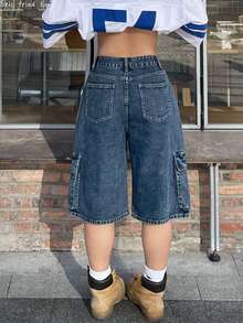 Women's Vintage Denim Shorts, Distressed Multi-Pocket Bermuda Loose Casual Shorts, Comfortable For Daily Wear And Outdoor, Spring/Summer - Fried Flower Basket - View 2