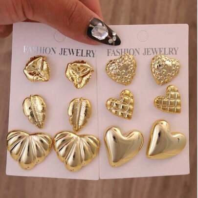 3-6 Pairs Gold Tone Earring Set, Heart, Shell, Leaf Designs, Fashionable Daily Wear Earrings For Women