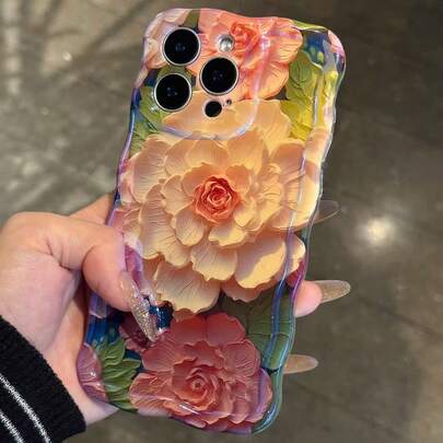 蓝光油画花卉绿叶粉色花朵手机壳，兼容苹果17/17Air/17Pro/17ProMax/16/16Pro/16Plus/16ProMax/15 Pro Max/15 Pro/15/14 Pro Max/14 Pro/14/13 Pro Max/13 Pro/13/12 Pro Max/12 Pro/15/15 Pro Max，波浪边