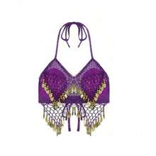 Bộ gồm 1 áo bra cổ yếm thủ công đính sequin và dây buộc tua rua, kết hợp với chân váy kiểu saree đính sequin. Hoàn hảo cho múa bụng, lễ hội, tiệc tùng, đi biển, phong cách boho và retro. - Nhiều màu - Xem 17