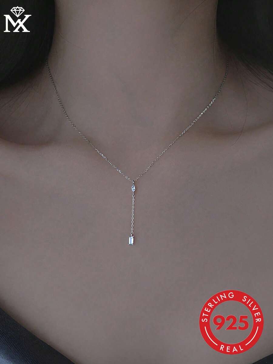 1pc 925 Sterling Silver Teardrop & Square Diamond Combination Pendant Necklace, Elegant Jewelry Suitable For Everyday Wear - Silver - View 1