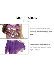 Belly Dance 2 Pieces Costume Set - Coin Embellished Halter Crop Top With Sparkly Asymmetrical Mesh Skirt For Stage Performance & Dance Practice (Available In Multiple Colors) - Multicolor - View 12