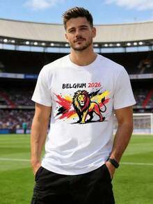 Camiseta de Hombre de la Selección Belga para la Copa Mundial 2026 con el del León Nacional para Aficionados al Fútbol, Verano - Blanco - Ver 6