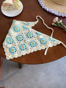 夏季沙滩防晒头巾，女士波西米亚风度假装扮，手工针织三角围巾，发带，花卉头巾，复古法式手工钩编三角围巾，可爱花朵发带，乡村风拍照配饰女士头巾夏季沙滩发带 - 彩色 - 查看 8