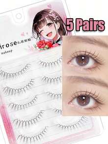 5 Pairs New (U-Shaped) Natural Daily Wear False Eyelashes, Transparent Stem Design, Easy To Create Cartoon-Style Eyes, Beginner-Friendly. Complete False Eyelashes, Transparent Stems, False Eyelashes - Black - View 1