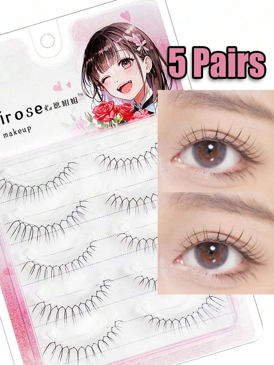 5 Pairs New (U-Shaped) Natural Daily Wear False Eyelashes, Transparent Stem Design, Easy To Create Cartoon-Style Eyes, Beginner-Friendly. Complete False Eyelashes, Transparent Stems, False Eyelashes - Black - View 1