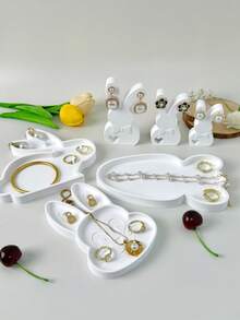 White Plaster Rabbit Jewelry Tray And Earring Holder Set, Cute Rabbit Shaped Vanity Organizer Box, Multi-Size Jewelry Dish For Earrings, Rings, Necklaces, Decorative Desktop Storage And Photo Prop, Ideal Gift For Easter And Mother's Day - Multicolor - View 5
