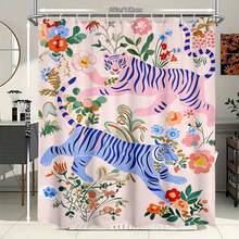 1Pc Shower Curtain - Pink & Blue Tigers With Floral Patterns, Machine Washable Bathroom Decor With 12 Hooks - Soft Pink Background, Polyester Window Curtain For Modern Or Traditional Bathrooms - Perfect For Animal Print Fans & Jungle Themes, Shower Curtain Sets For Bathrooms, Vibrant Fantasy Design, Easy Maintenance Fabric, Bathroom Decoration And Accessories - 款式1 - 查看 7