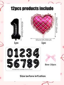 12pcs 27-Inch Pink Plaid Heart-Shaped Balloons With Numbers, 16-Inch 0-9 Black Number Balloons, Pink Bow Satin Ribbon, Suitable For Birthday Party, Valentine's Day, Wedding, Graduation, Coming Of Age, Photo Props - Multicolor - View 2