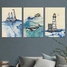3pcs Modern Abstract Sailboat Whale Lighthouse Wall Arts Canvas Posters, High-Definition Printing Optional Frame, Suitable For Living Rooms, Bedrooms, Bathrooms, Offices, Cafes, Gyms, Home Holiday Decorations, Printed Materials - Multicolor - View 5