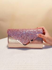 Women's Straw & Velvet Evening Bag With Chain Strap, Suitable For Beach And Formal Parties - Pink - View 3