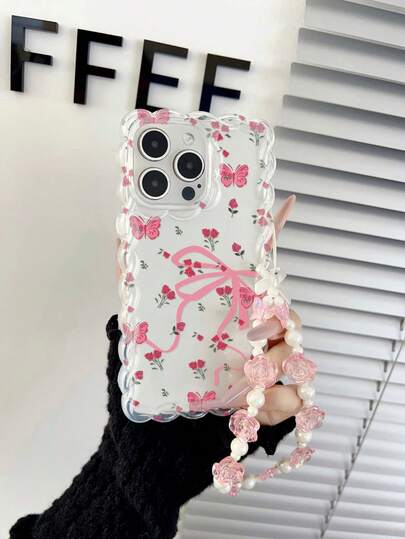 Bow Pearl Bracelet Soft Phone Case With Wavy Edge, Shockproof Design, Suitable For IPhone 17/17 Pro/17 Pro Max/16/16 Pro/16 Pro Max/15/15 Pro/15 Pro Max/14/14 Pro/14 Pro Max/13/13 Pro/13 Pro Max/12/12 Pro/12 Pro Max/11/11 Pro/11 Pro Max, Delicate Hanging Chain