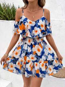 Vestido corto elegante de cuello en V con tirantes y hombros al descubierto para mujer, estampado floral, mangas con volantes dobles, cintura elástica y falda con volantes.Ideal para primavera-verano, vacaciones, fiestas y Pascua. - Multicolor 5 - Ver 5