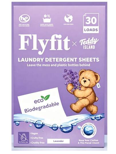 Paquete de 30 Hojas de Detergente de Ropa Flyfit * Teddy Island, Fragancia Lavanda, Biodegradable y Sin Mess