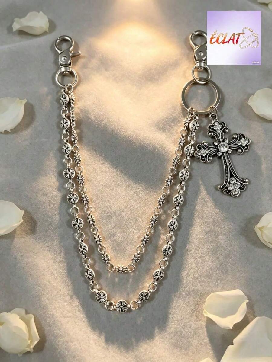 1pc Vintage Double Layer Chain Wallet Chain Punk Jeans Chain Pocket Chain Men Keychain Versatile Classy JBS7 - Cross Double-layer Waist Chain 35CM - View 1