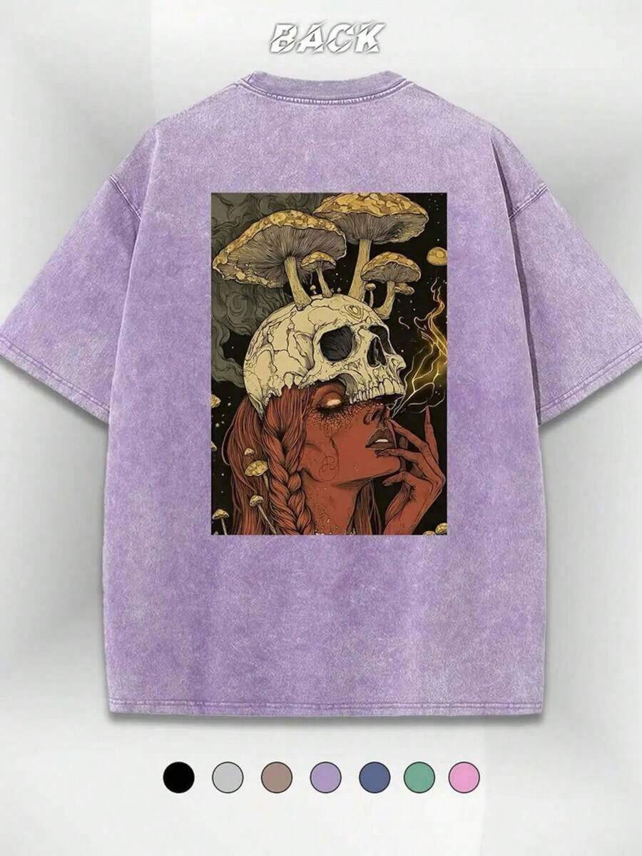 Pattern Printed Fashionable Round-Neck T-Shirt, Standard Size Women's Clothing, Women's Casual Street Printed T-Shirt - 紫色 - 查看 1