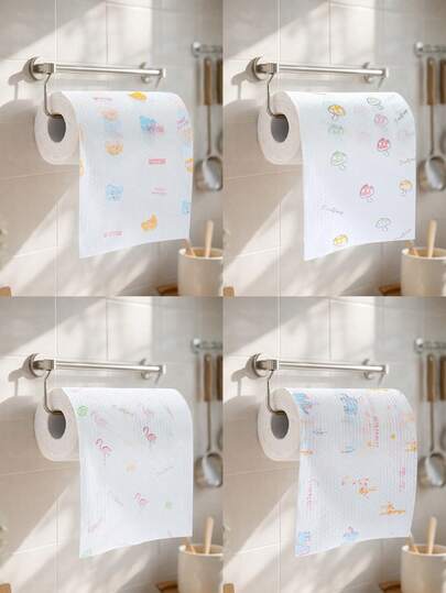 1 rollo de toallas de cocina desechables impresas con dibujos animados lindos, 4 patrones aleatorios, absorbentes, resistentes al aceite, toallas de papel reutilizables de alta resistencia, paños de limpieza absorbentes para la cocina, paño perezoso para la cocina, toalla reutilizable adecuada tanto para aplicaciones húmedas como secas, trapo para lavar platos, paquete de pañuelos, papel higiénico, servilletas, toallas de papel, papel absorbente de grasa