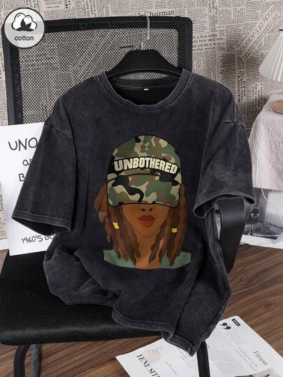 Es Trus Women's Cotton Summer Funny Camouflage Portrait Print Hiphop Style Personality Graphic Tee, Comfortable Retro Basic Casual Commuting Multipurpose Y2K Style Top, Regular Niche Punk Slim Fit Round Neck Short Sleeve Washed Black T-Shirt
