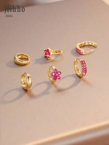 Hihho Set Anting Liontin Bunga Minimalis 6 Buah dengan Hiasan Zirkonia Kubik Mengkilap, Perhiasan Mewah, Hadiah Anting - Yellow Gold - View 3