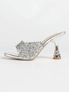 Women's Fashionable Elegant Silver Transparent Sparkling Rhinestone Decor Mule High Heel Sandals - Slip-On Square Toe Stiletto Heels, Charming For Summer Wedding Party Events Runway Daily Outdoor Wear - Silver - View 6