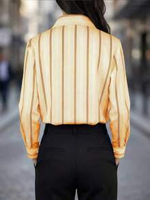 New Arrival Fashion Women Striped Print Button-Up Shirt - Yellow - View 2