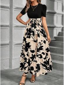 Women's Printed Maxi Dress Short Puff Sleeve Crew Neck Tie Waist Casual Long Dress For Daily Wear Party - Màu kaki - Xem 4