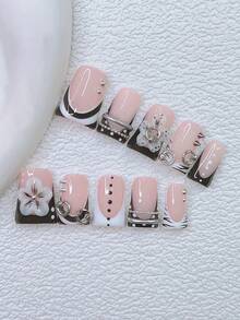 10pcs Y2K Nails Chic Duckbill Press On Nails Set - Handcrafted, Pink Nails, Black Nails, Black And White French Tip Nails, Handmade 3D Flowers And 3D Silvery Ring Design, 3D Polka Dot Flowers Nail Art, Hand Drawn Polka Dot And Black Zebra Stripe Design, Sparkling Silvery Rhinestone And Silvery Ring Decoration - Nhiều màu - Xem 1