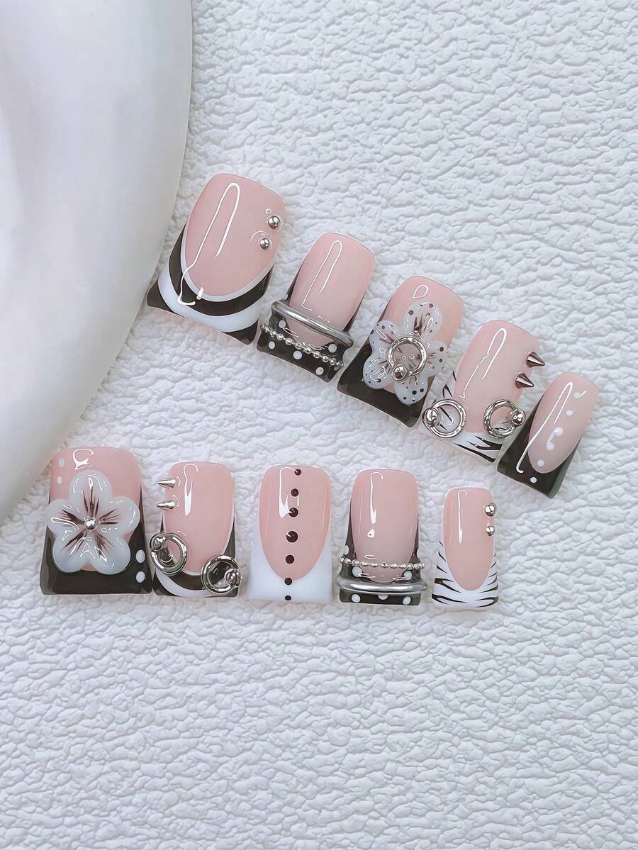 10pcs Y2K Nails Chic Duckbill Press On Nails Set - Handcrafted, Pink Nails, Black Nails, Black And White French Tip Nails, Handmade 3D Flowers And 3D Silvery Ring Design, 3D Polka Dot Flowers Nail Art, Hand Drawn Polka Dot And Black Zebra Stripe Design, Sparkling Silvery Rhinestone And Silvery Ring Decoration - Nhiều màu - Xem 1