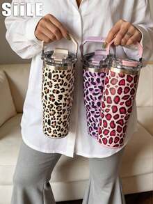 1pc 900ml-30oz Sweet Leopard Print Stainless Steel Double Wall Insulated Tumbler, Flat Bottom Cup, Coffee Mug, Car Cup, Cup, Water Bottle, Outdoor Water Cup, Tea Cup, Vacuum Bottle, With Straw Lid Design, Suitable For Outdoor, Office, Home, School, Car, Gym, Travel, Birthday Gift, Holiday Gift, Anniversary, Mother's Day, Father's Day, Back To School, Valentine's Day - Multicolor - View 9