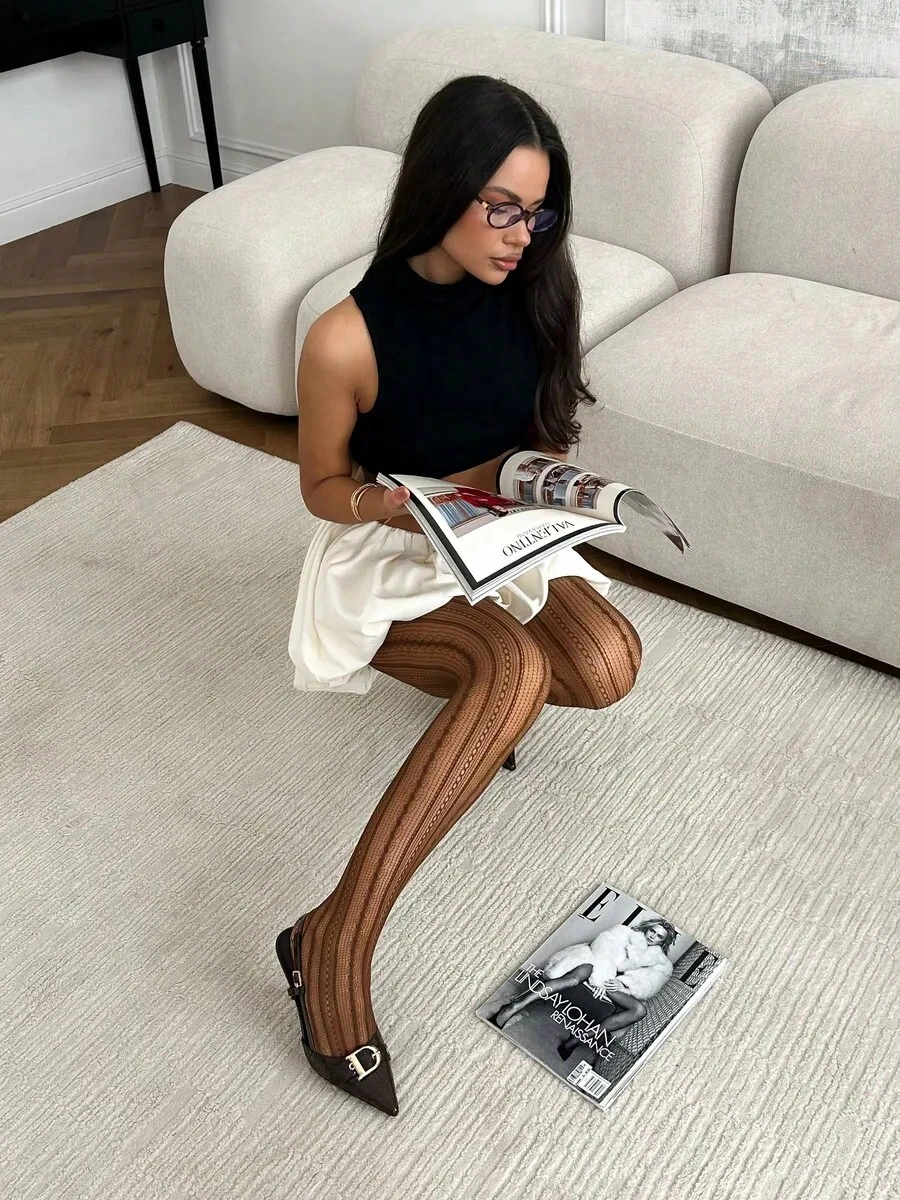 1双女士人字纹竖条纹连裤袜/渔网袜,高腰显瘦,大码可选,高弹力,舒适,性感透视,适合约会、购物、派对、通勤、时尚拍摄、度假等场合,百搭奢华风格 - 棕色 - 查看 1