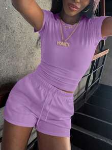 Conjunto de camiseta de manga corta y pantalones cortos de unicolor para mujer con estilo - Púrpura malva - Ver 1