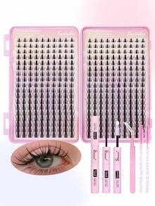 360pcs DIY Eyelash Extension Kit, Soft & Comfortable, Natural DIY, Includes Adhesive, Sealant, Brush, Tweezers, Cartoon Lashes, Soft Daily Cluster Lashes, 3D Eyelash Extension Set, Convenient DIY Lash Makeup At Home, Makeup Tools, For Personal Use - Black - View 1