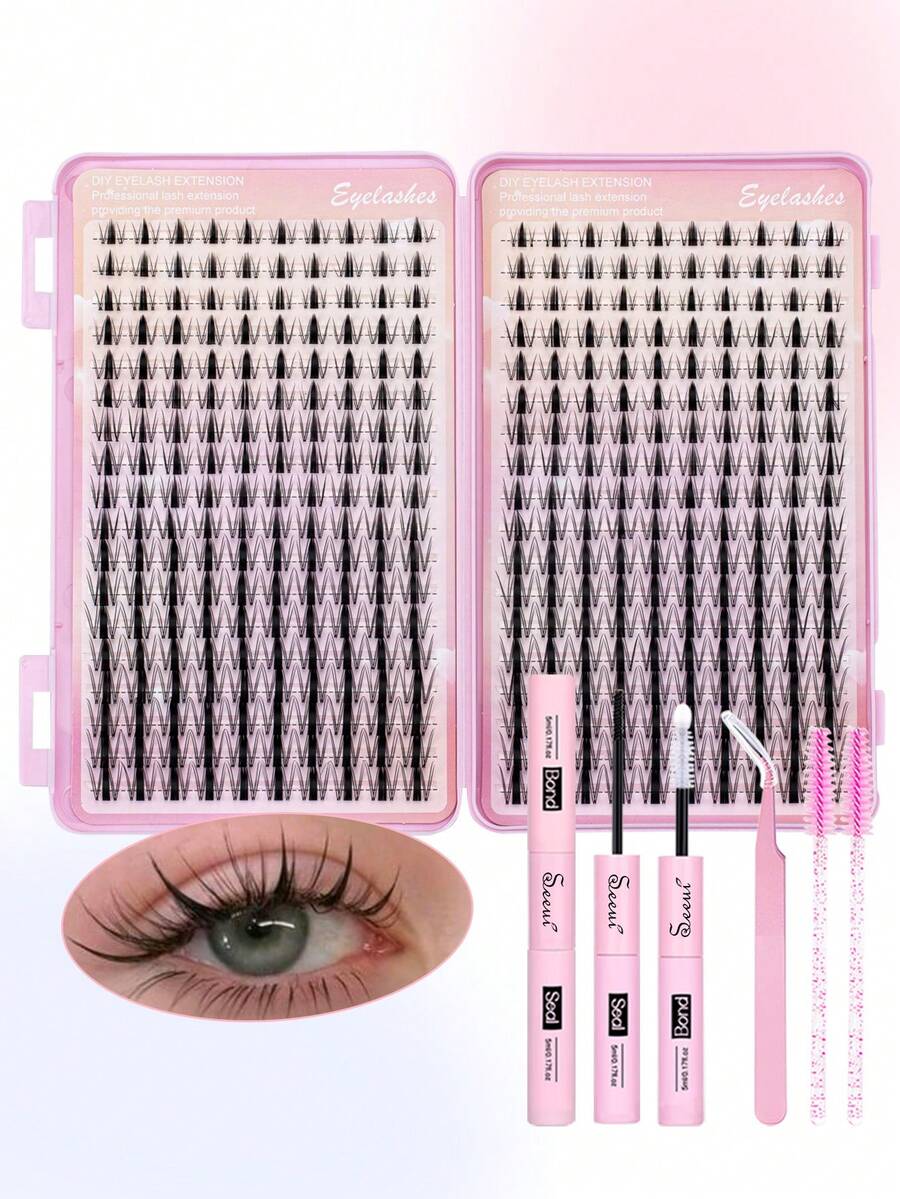 360pcs DIY Eyelash Extension Kit, Soft & Comfortable, Natural DIY, Includes Adhesive, Sealant, Brush, Tweezers, Cartoon Lashes, Soft Daily Cluster Lashes, 3D Eyelash Extension Set, Convenient DIY Lash Makeup At Home, Makeup Tools, For Personal Use - Black - View 1