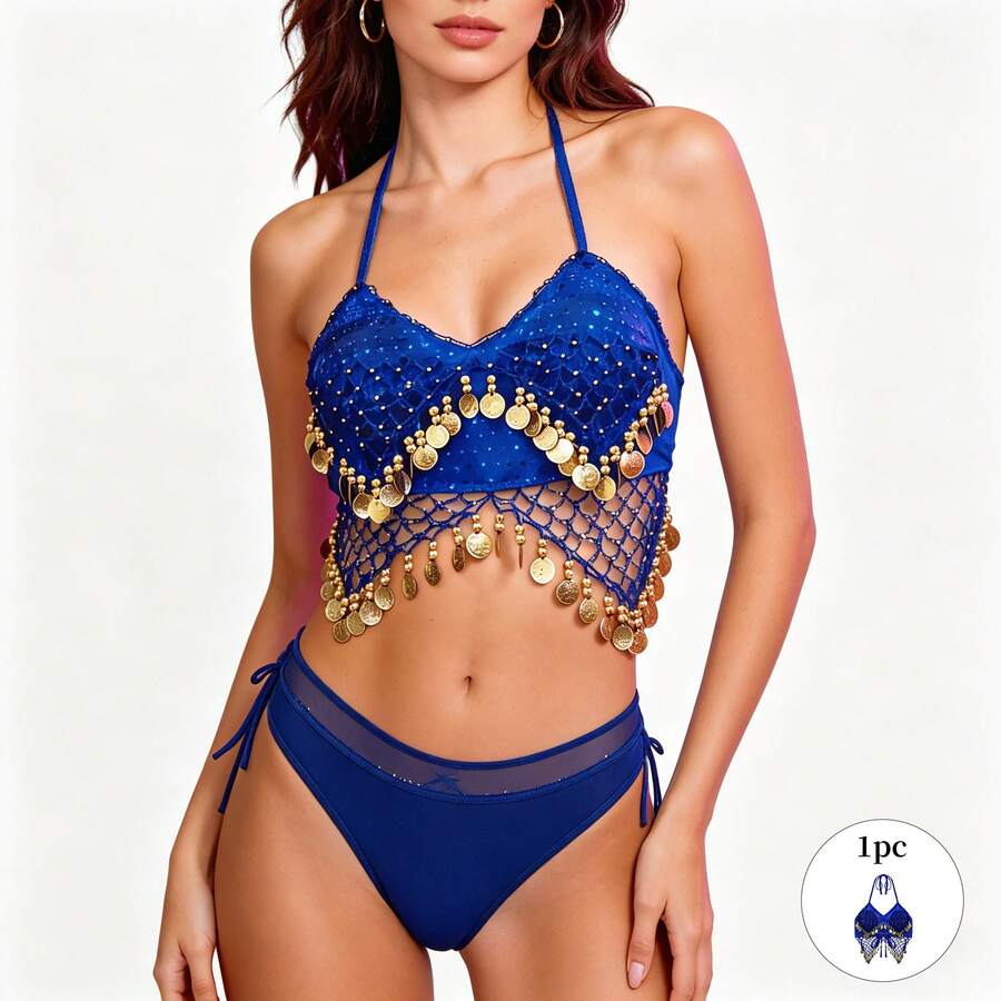Bộ gồm 1 áo bra cổ yếm thủ công đính sequin và dây buộc tua rua, kết hợp với chân váy kiểu saree đính sequin. Hoàn hảo cho múa bụng, lễ hội, tiệc tùng, đi biển, phong cách boho và retro. - Nhiều màu - Xem 1