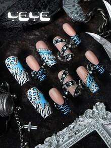 10 miếng móng tay giả dán acrylic vuông, xanh trắng, màu nude, đầu Pháp, họa tiết da báo, sọc ngựa vằn, đính đá, thắt lưng, bộ móng giả acrylic phủ toàn bộ kiểu châu Âu, phụ kiện làm móng phong cách punk cho nữ giới và phụ nữ, dùng hàng ngày, đi chơi, du lịch, công sở, lễ hội - Xanh và trắng - Xem 4