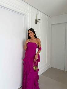 Elegant Evening Gown For Bridesmaids, Chiffon With Cascading Detail, Perfect For A Daytime Wedding. - Rose Red - View 3
