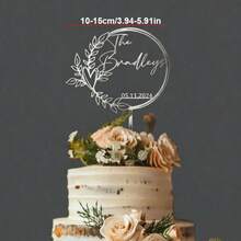 1pc Customized Wedding Cake Topper, Heart-Shaped Acrylic Cake Decoration Board With Personalized Name And Date, Fashionable Floral Wreath Wedding Cake Decor, Golden Boho Style, Customized Surname And Date, Multi-Color Options - F-wreath Wedding Cake Holder Label - View 11