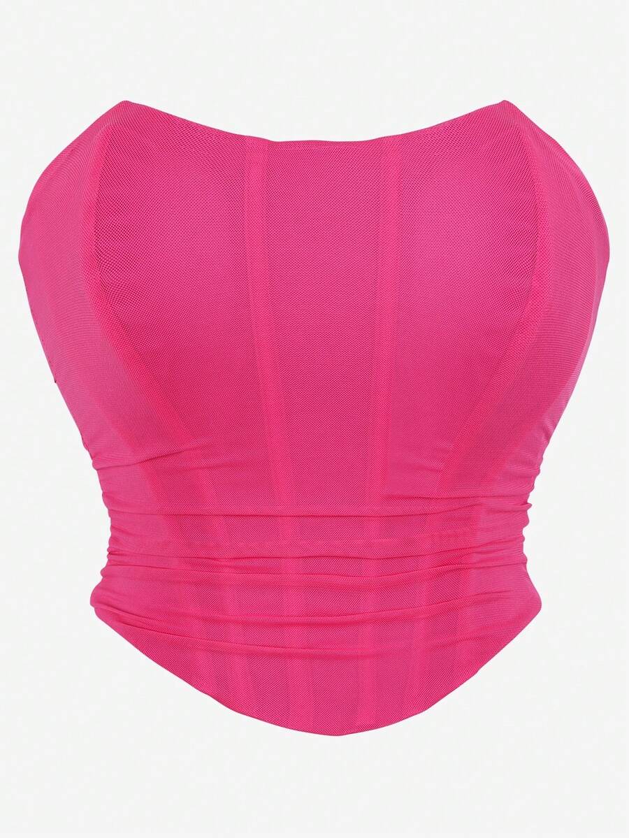 Mesh Corset Top, Strapless Backless Tight Bustier, Double Layer Shapewear Top, Crop Top For Halloween - Hot Pink - View 1