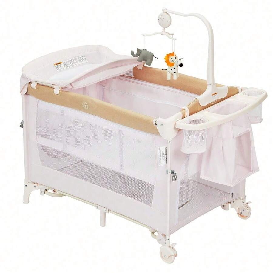 Gaderth 4 In 1 Baby Playard, Portable Bedside Crib With Rocking Bassinet & Diaper Changer, Infant Pack And Play With Mattress, Large Toddler Playpen, Newborn Changing Table, Storage Pocket & Rotating Toy Bar - Khaki - View 1